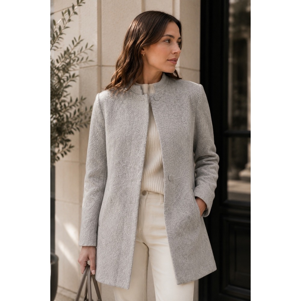Theory Wool Angora Coat‎ Women P Gray Mock Neck Minimalist Hidden Button Jacket